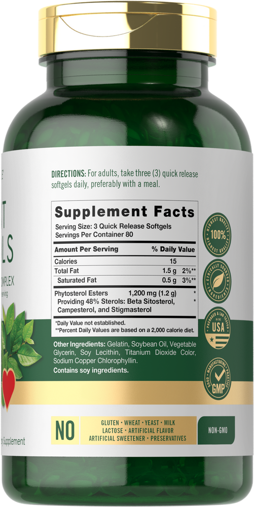CL Plant Sterols 1200 mg Complex softgels on hand scale. Serving size is 3 softgels. Quick release formula.