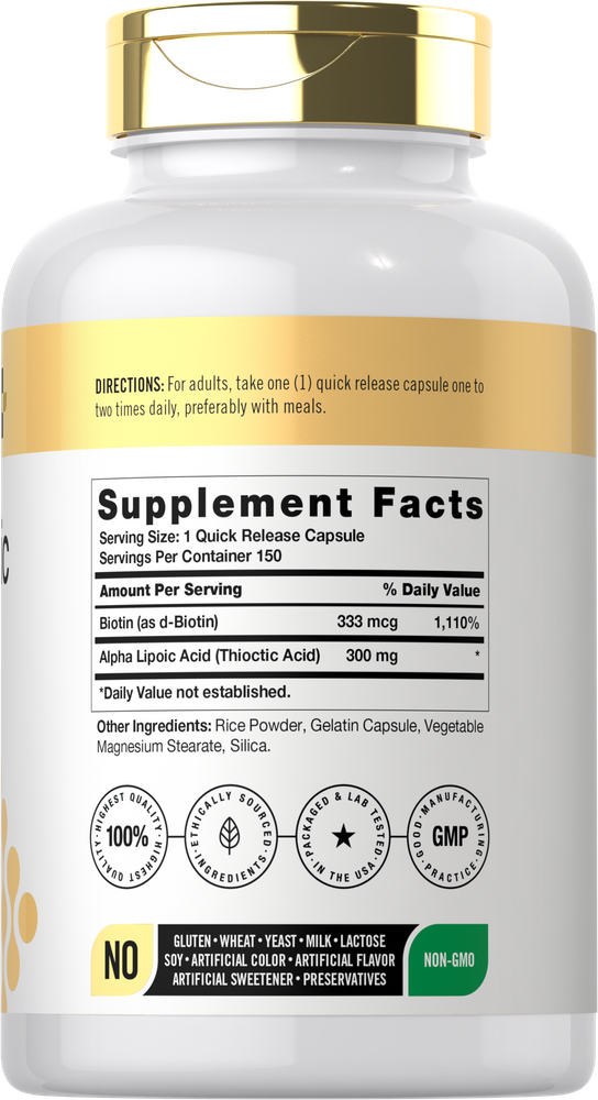 A scale with a hand holding 150 capsules of 300 mg Alpha Lipoic Acid.