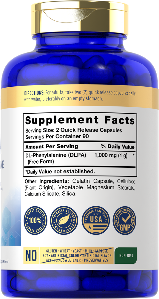A hand holding DL-Phenylalanine 1000 mg quick release capsules, showcasing the size for easy comparison.