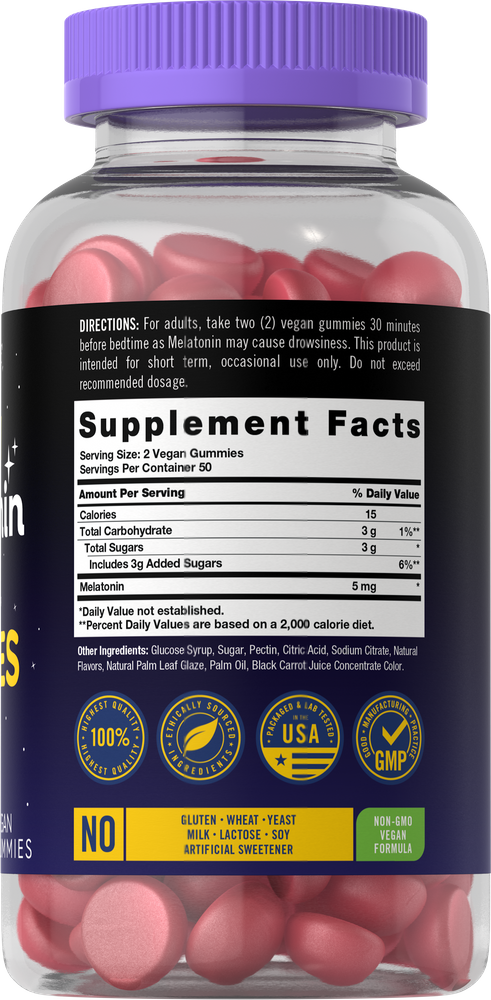 A clear jar with 100 gummies of CL Carlyle Melatonin, each containing 5 mg, shown balanced on a hand to display size and quantity.