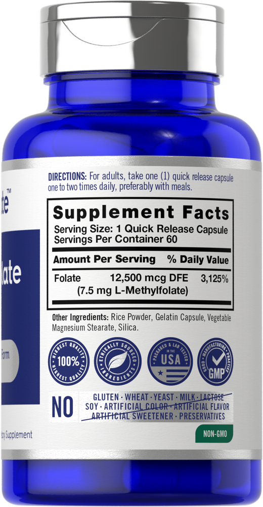 Hand holding a capsule labeled 7.5 mg L-Methylfolate, designed for quick release.