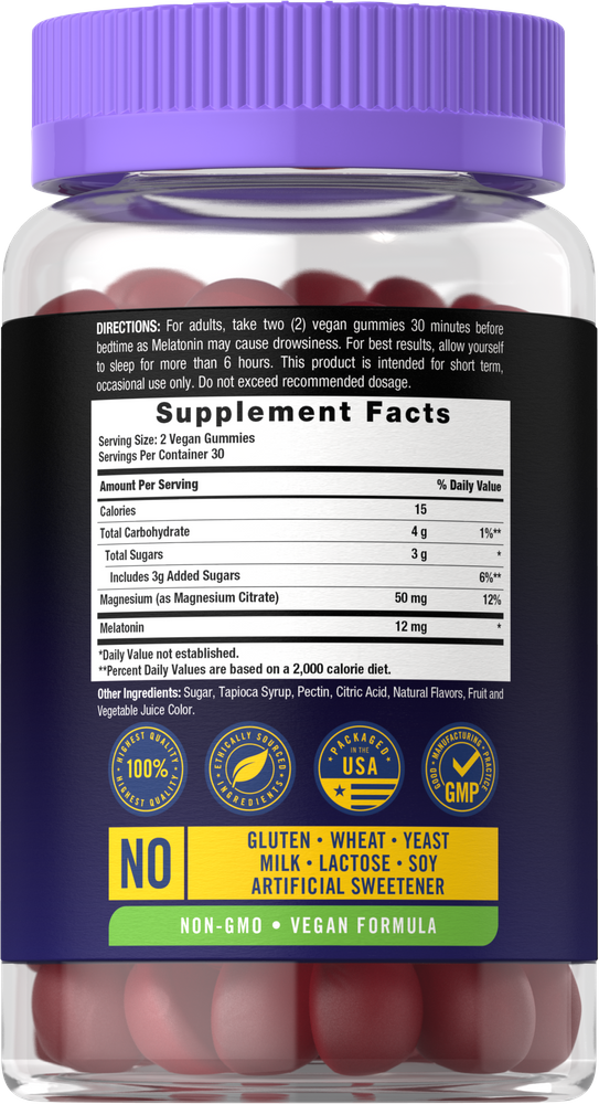 Vegan gummies containing 12mg Melatonin and 50mg Magnesium per 2-gummy serving.