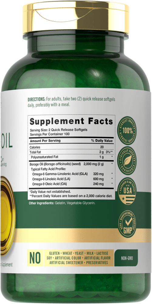 A hand holding Borage Oil 2,000 mg (2 g) Quick Release Softgels, bulk quantity visible.