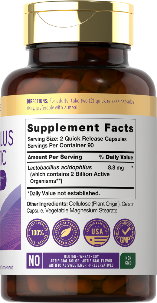 A hand holding a bottle of CL Carlyle Probiotic 2 Billion, containing 180 quick-release capsules, illustrating product size.