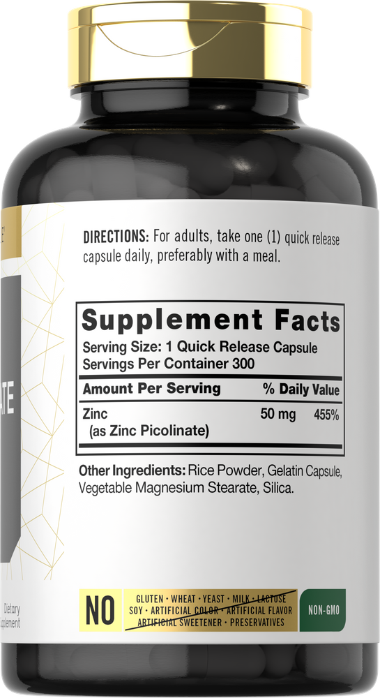 A hand holds a bottle of Carlyle Zinc Picolinate 50 mg, featuring 300 quick release capsules for health support.