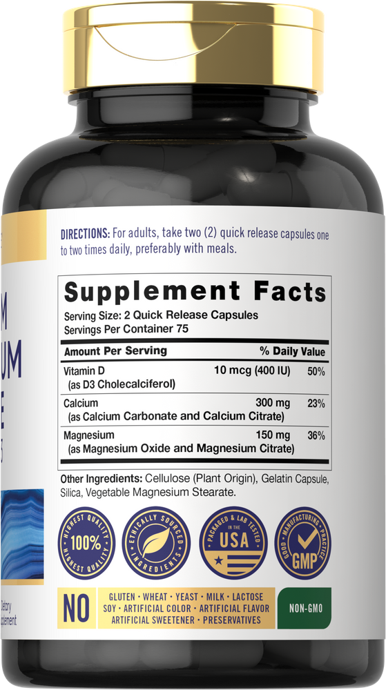 CL Carlyle Cal-Mag Citrate with D, 150 quick-release capsules viewed on a hand scale.