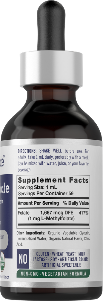 Carlyle L-Methylfolate 1 mg liquid in a 2 oz bottle held in hand for scale.