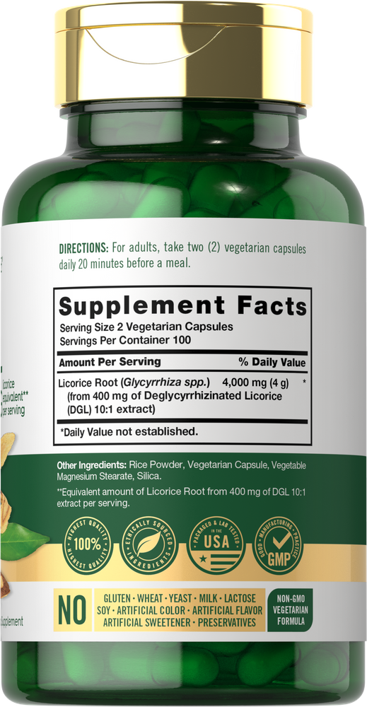 Green bottle of Carlyle DGL, 4000 mg, with 200 vegetarian capsules, each 2000 mg.