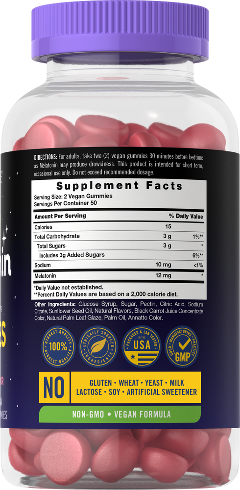 A hand holding a bottle of Carlyle Melatonin 12mg, containing 100 gummies, showcasing product size and scale.