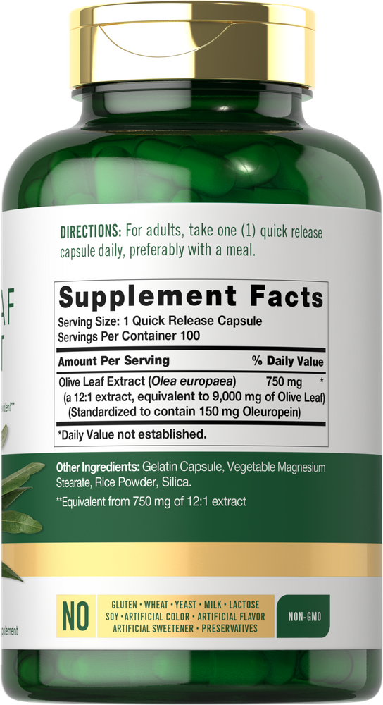 This image shows a bottle of Olive Leaf Extract capsules, 750 mg, with 100 quick release capsules, labeled as hand scale.