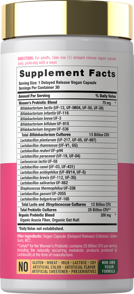 A hand holding CL Women's Probiotic 25 Billion CFU Delayed Release Vegan Capsules bottle, 30 count.