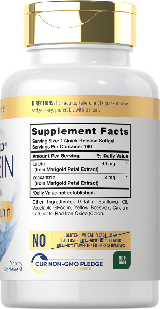 Quick Release Softgel contains 40 mg of Lutein and 2 mg of Zeaxanthin, shown on a bulk scale with hand for size reference.