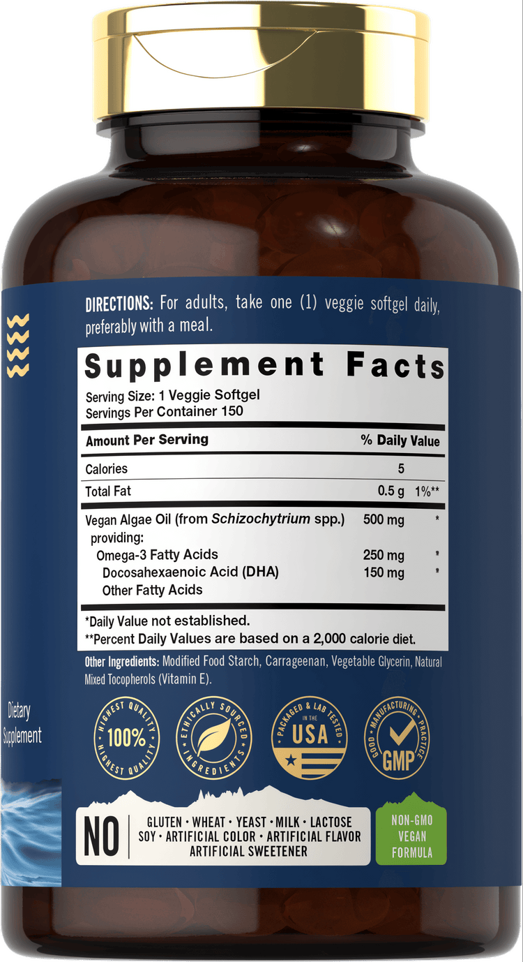 Vegan Omega 3 Algae Oil, 150 veggie softgels, displayed on a bulk scale next to a hand for size comparison.