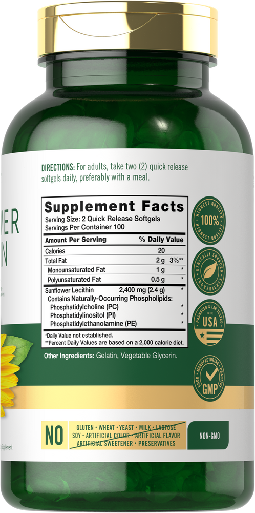 Hand holding a bottle of Sunflower Lecithin 200 quick release softgels, emphasizing size and quantity.