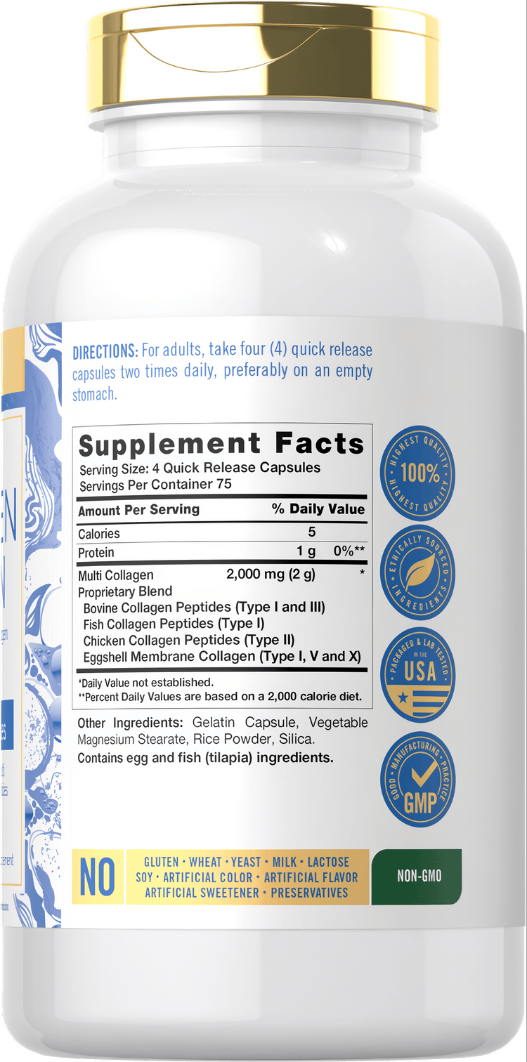 Multi Collagen bottle: Gluten & Wheat Free, Yeast Free, Milk & Lactose Free, Soy Free, No Artificial Color/Flavor/Sweetener/Preservatives, Non-GMO