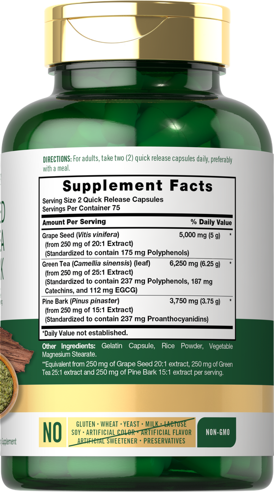 CL Carlyle Grapeseed Green Tea Pine Bark capsules, 15000mg, 75 servings, shown on hand for scale.