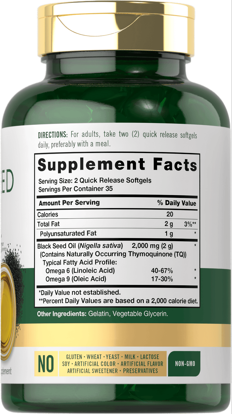 Two softgels provide 2000 mg of Black Seed Oil. Image shows size comparison with softgels on a hand.