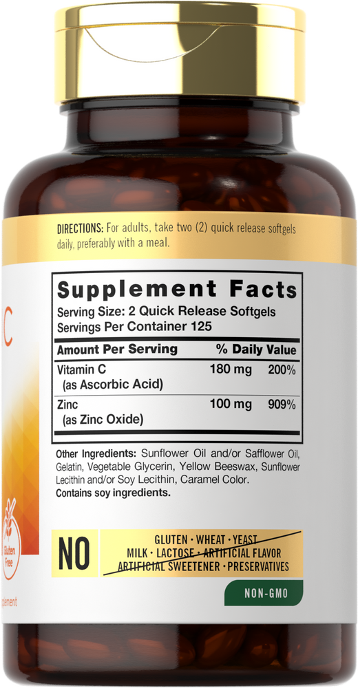 A hand holding a bulk supply of Carlyle Vitamin C + Zinc, featuring 250 softgels for immune support and antioxidant benefits.