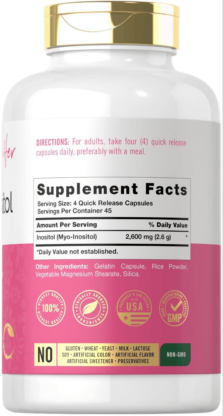 Carlyle Myo-Inositol 2600 mg Quick Release Capsules: Provides 2,600 mg Inositol with four capsules.