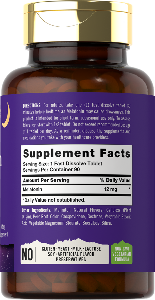Brown bottle filled with white Melatonin 12 mg fast dissolve tablets for bulk sale.