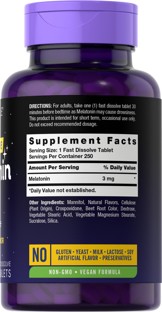 Carlyle Melatonin 3mg, 250 tablets, fast dissolving, shown on a hand scale for bulk measurement.