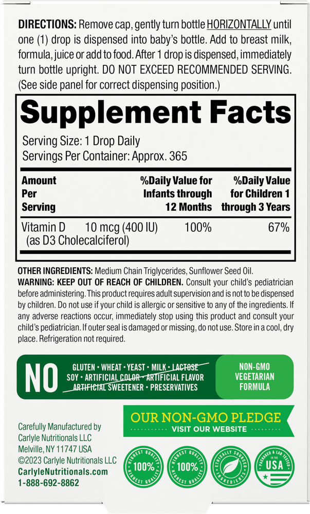 Supplement Facts panel for Country Life Vitamin D3 400 IU Baby Drops, 0.31 Fl Oz.