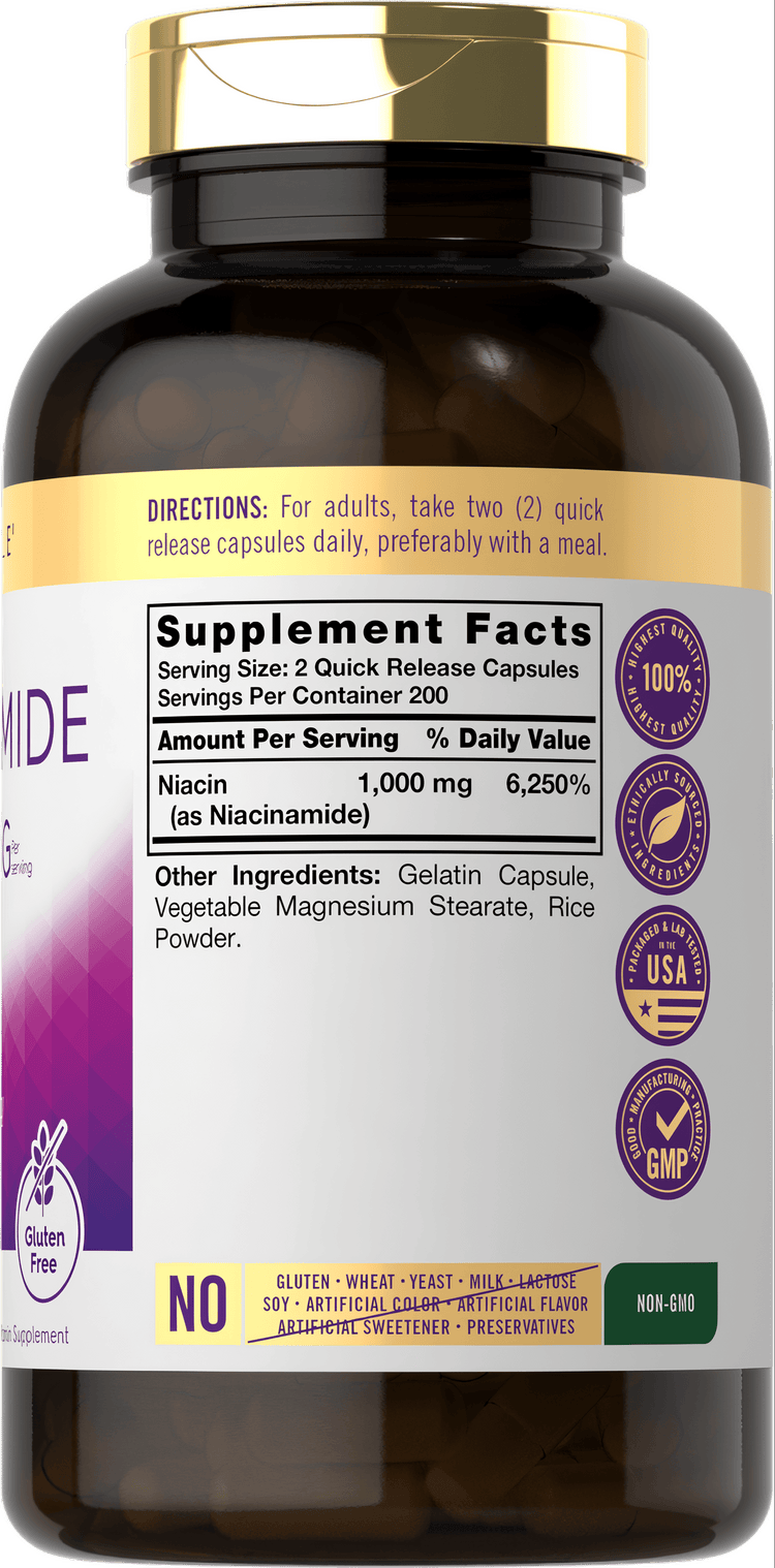 Carlyle Niacinamide 1000 mg Quick Release Capsules, 1000 mg per 2 capsules, 400 count on a hand scale.