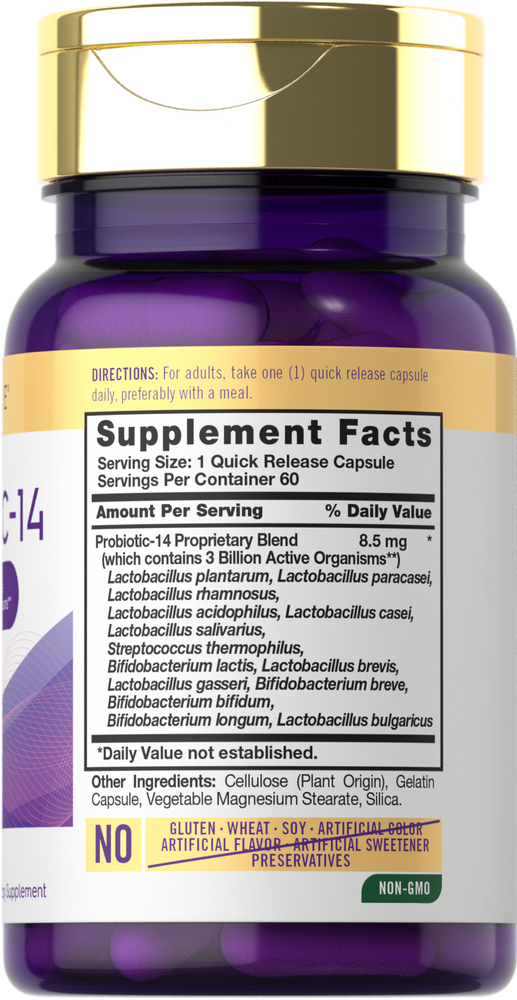 Image of Probiotic 14 Quick Release Capsules with 3 Billion Active Organisms, available in a 60 count bottle.