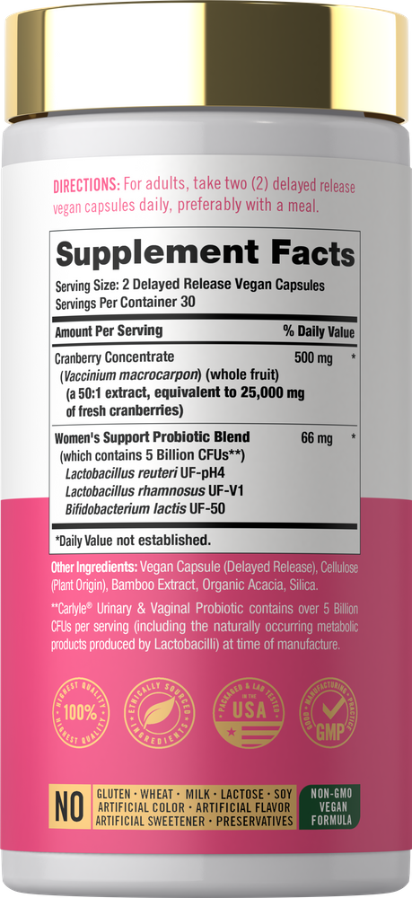 CL Urinary + Vaginal Probiotic, 60 capsules, shown on a hand scale.
