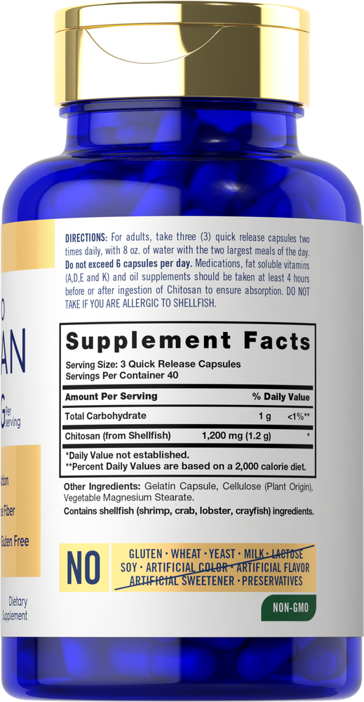 Carlyle Chitosan 1200 mg, consisting of 3 x 400 mg, contains 120 quick release capsules.