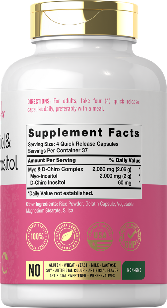 Supplement facts label for Carlyle Myo-Inositol and D-Chiro Inositol 150 capsules.