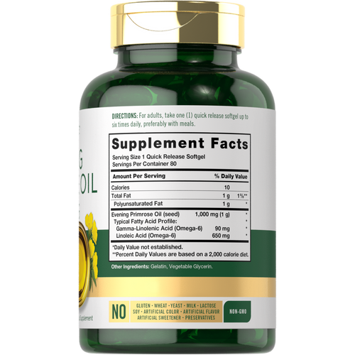 View 2 Carlyle Evening Primrose Oil 1000 mg, 80 quick release softgels shown on a hand scale.