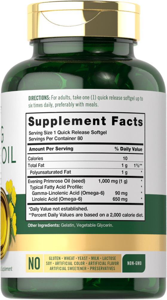 Carlyle Evening Primrose Oil 1000 mg, 80 quick release softgels shown on a hand scale.