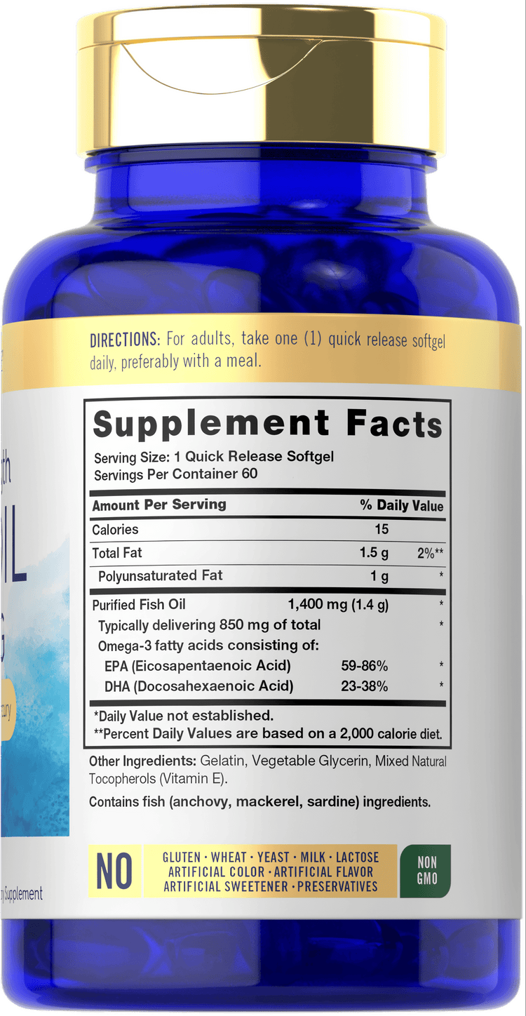 Hand holding Quick Release Softgel containing 1,400 mg of purified fish oil, designed for efficient nutrient delivery.