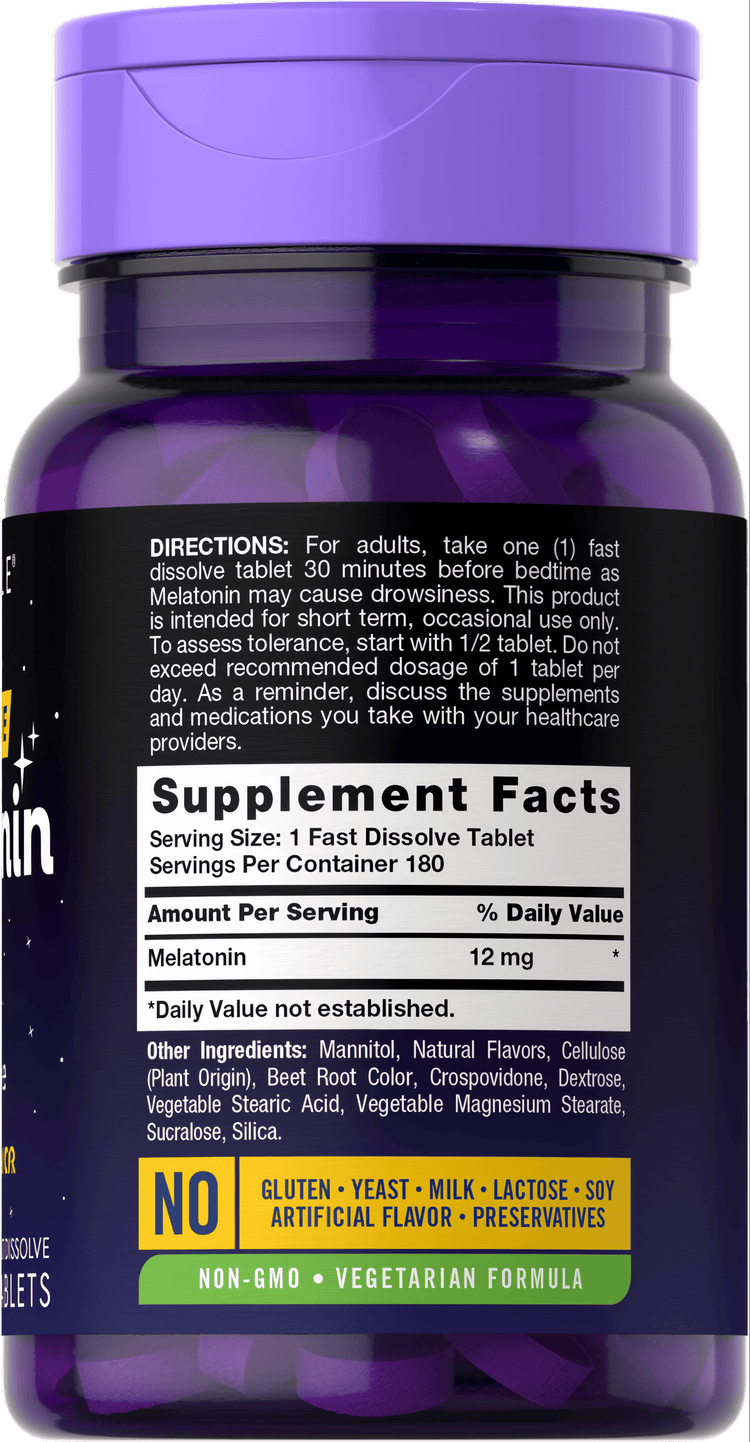 A hand holding a 12 mg melatonin fast dissolve tablet, emphasizing easy intake and rapid absorption for sleep support.
