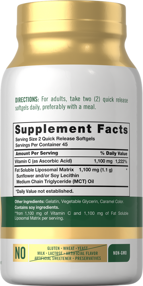 Two quick release softgels contain 2,200 mg Vitamin C with Liposomal Matrix, designed for enhanced absorption.