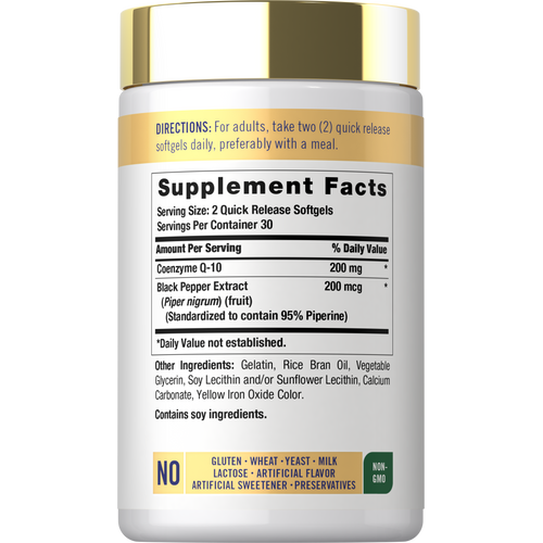 View 2 Supplement Facts panel for Carlyle Co Q-10 with black pepper, detailing ingredients and nutritional information.
