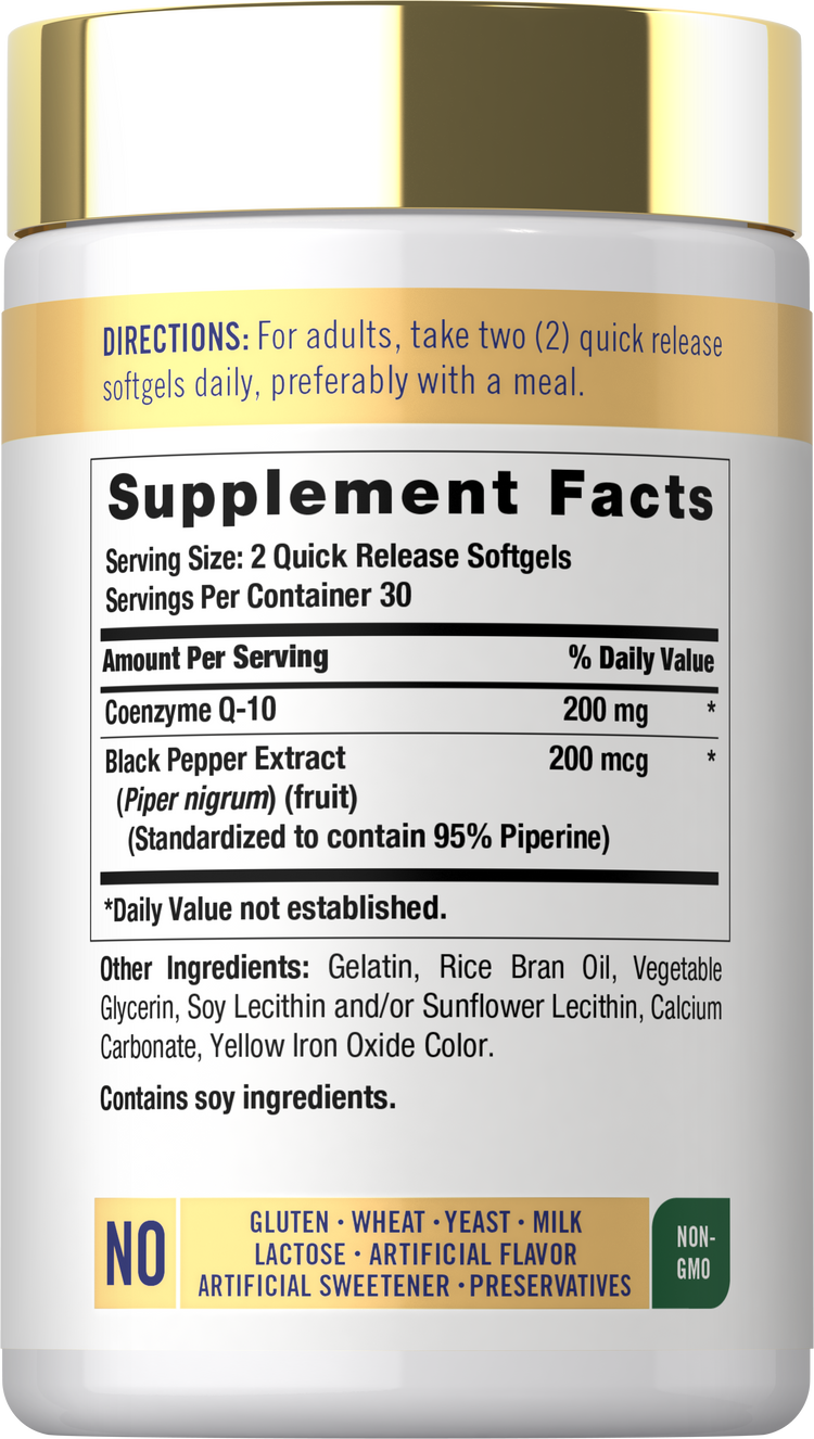 Supplement Facts panel for Carlyle Co Q-10 with black pepper, detailing ingredients and nutritional information.
