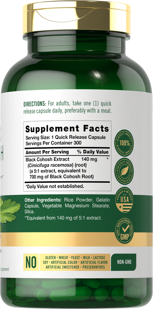 Green bottle containing 300 capsules of Black Cohosh Root, each with 700 mg.