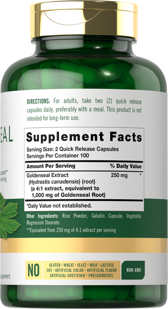 A bottle of quick release capsules with 1000 mg equivalent of green Goldenseal Root.