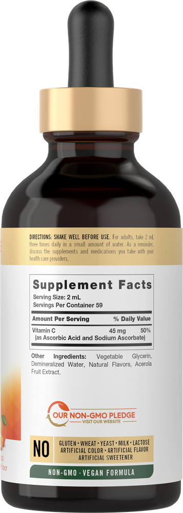 Carlyle Vitamin C Liquid in a 4 fl oz bottle placed on a hand scale for measurement, showcasing its compact and portable size.