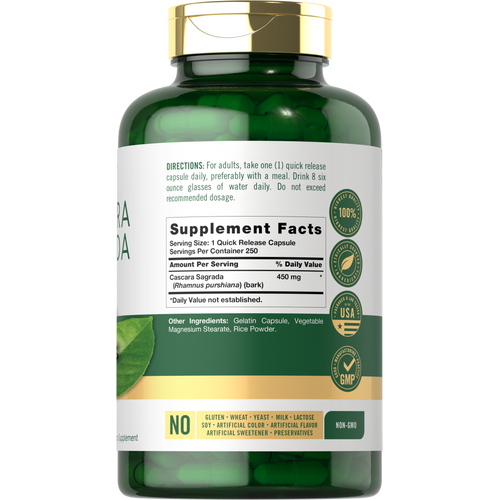 View 2 Cascara Sagrada 450 mg, 250 capsules displayed in a product image with clear label and dosage information.