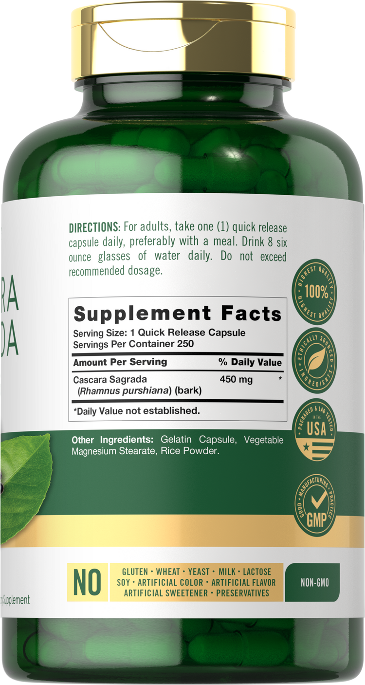 Cascara Sagrada 450 mg, 250 capsules displayed in a product image with clear label and dosage information.