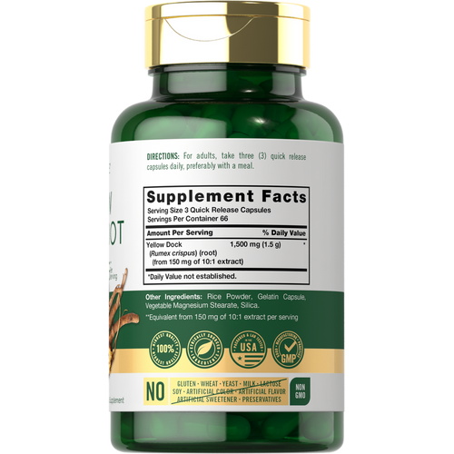 View 2 Hand holding a bulk scale container of Yellow Dock 1500 mg with 200 capsules.