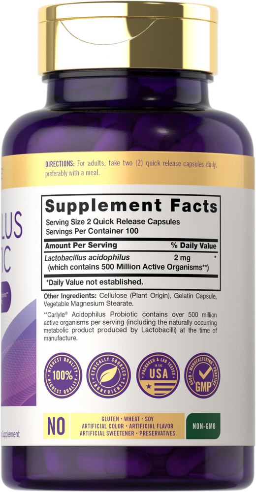 Acidophilus Probiotic capsules with 500 Million Active Organisms, featuring quick release formula.