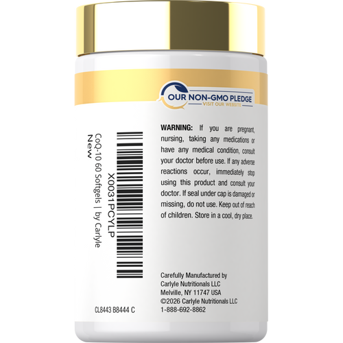 View 3 Carlyle CoQ-10 bottle with 60 softgels and a gold cap.