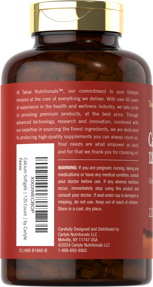 A bottle of Tahoe Nutritionals Calcium 1200 mg with Vitamin D containing 120 softgels, held over a bulk scale by a hand.