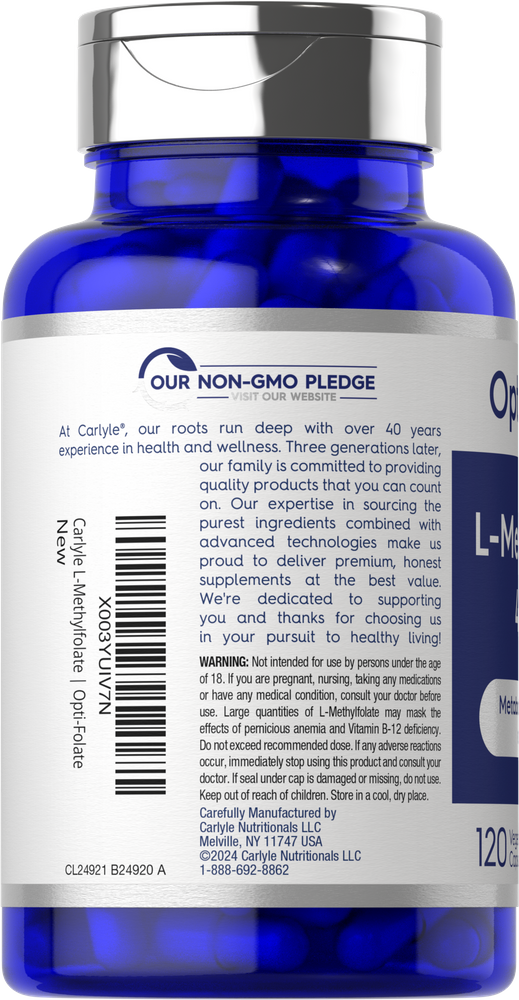 A bottle of CL Opti-Folate L-Methylfolate 400 mcg Veg Caps, containing 120 capsules, placed on a hand for size reference.