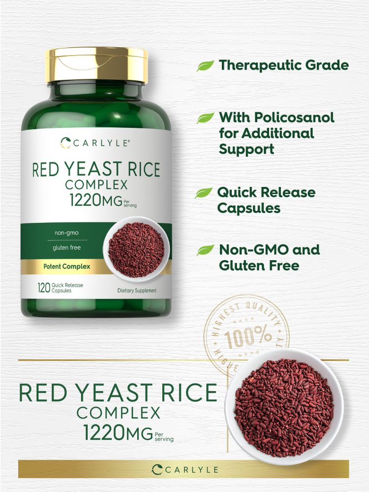Carlyle Red Yeast Rice Complex 1220mg Quick Release Capsules, beside a bowl of red yeast rice grains.