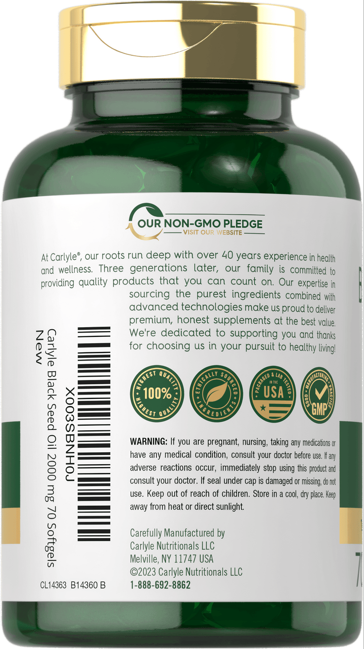 Hand holding bottle of Carlyle Black Seed Oil 2000 mg, containing 70 softgels.